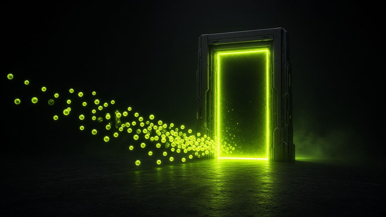Lime checkpoint gate inspecting a stream of light orbs on a dark path