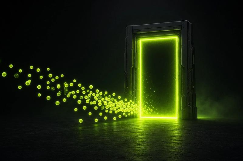 Lime checkpoint gate inspecting a stream of light orbs on a dark path