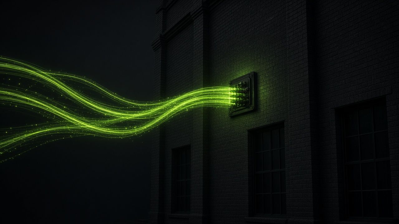 Neural light threads connecting into a brick business building