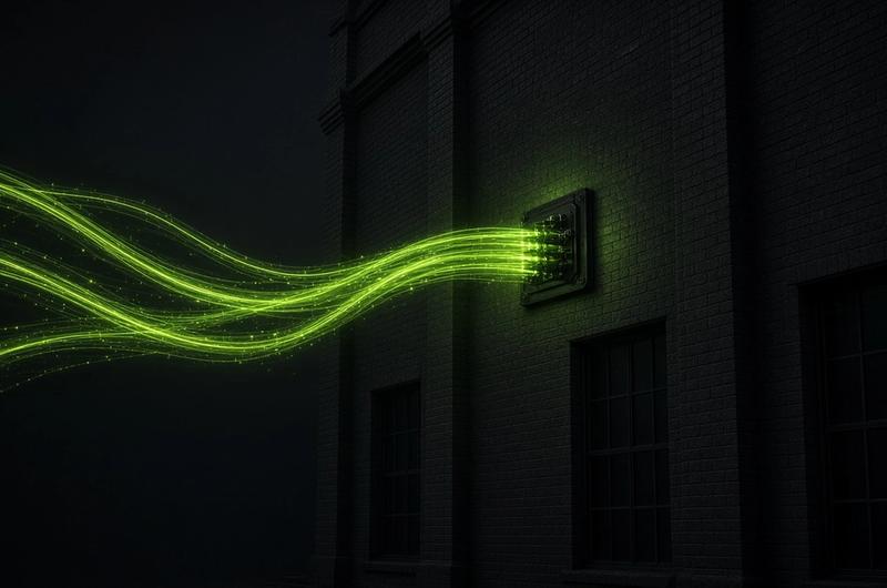 Neural light threads connecting into a brick business building