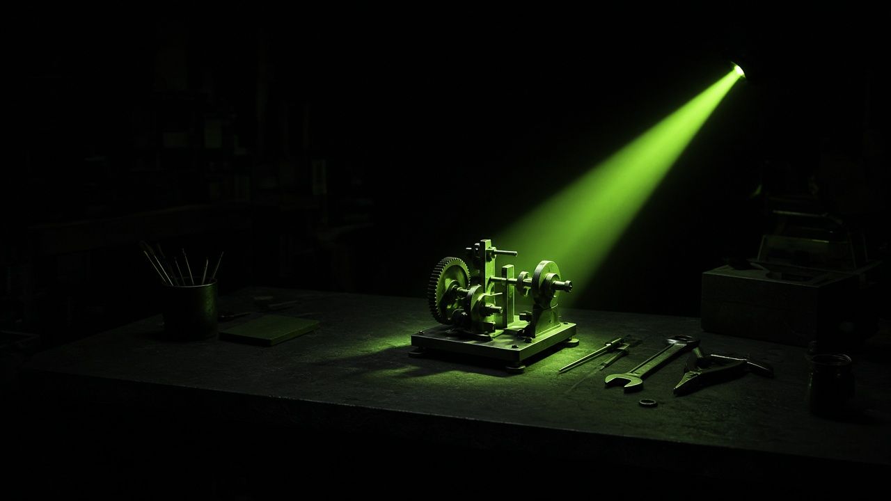 Small workshop desk lit by a single precise lime beam