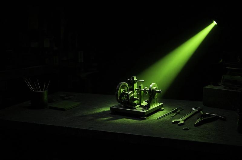 Small workshop desk lit by a single precise lime beam