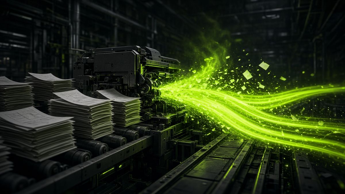 Documents turning into streams of lime light along an automated path