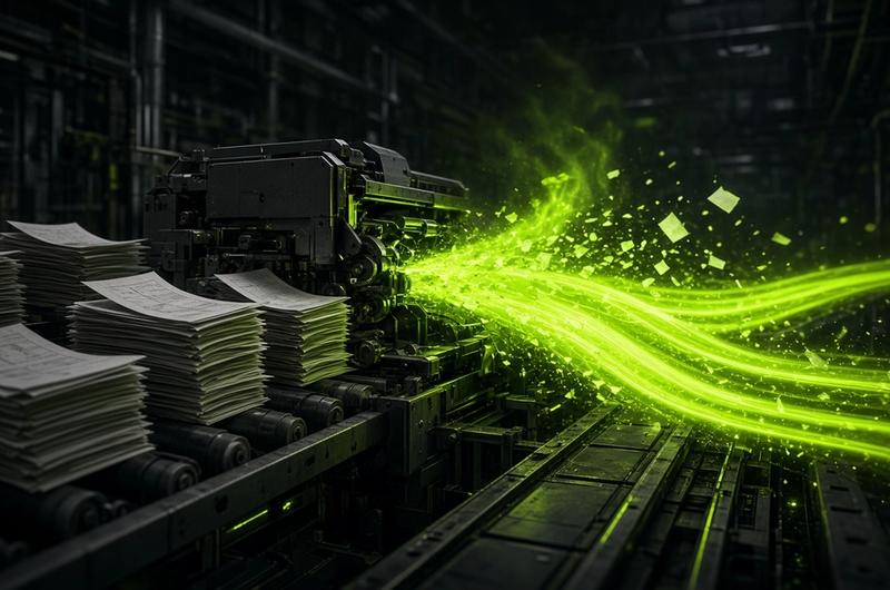 Documents turning into streams of lime light along an automated path
