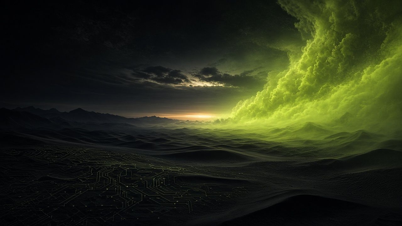 Dawn light rolling over a dark circuit landscape