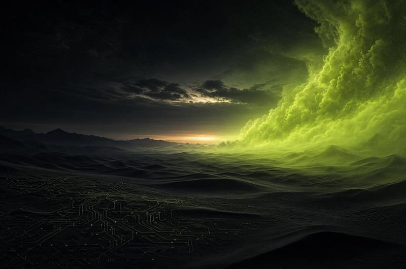Dawn light rolling over a dark circuit landscape