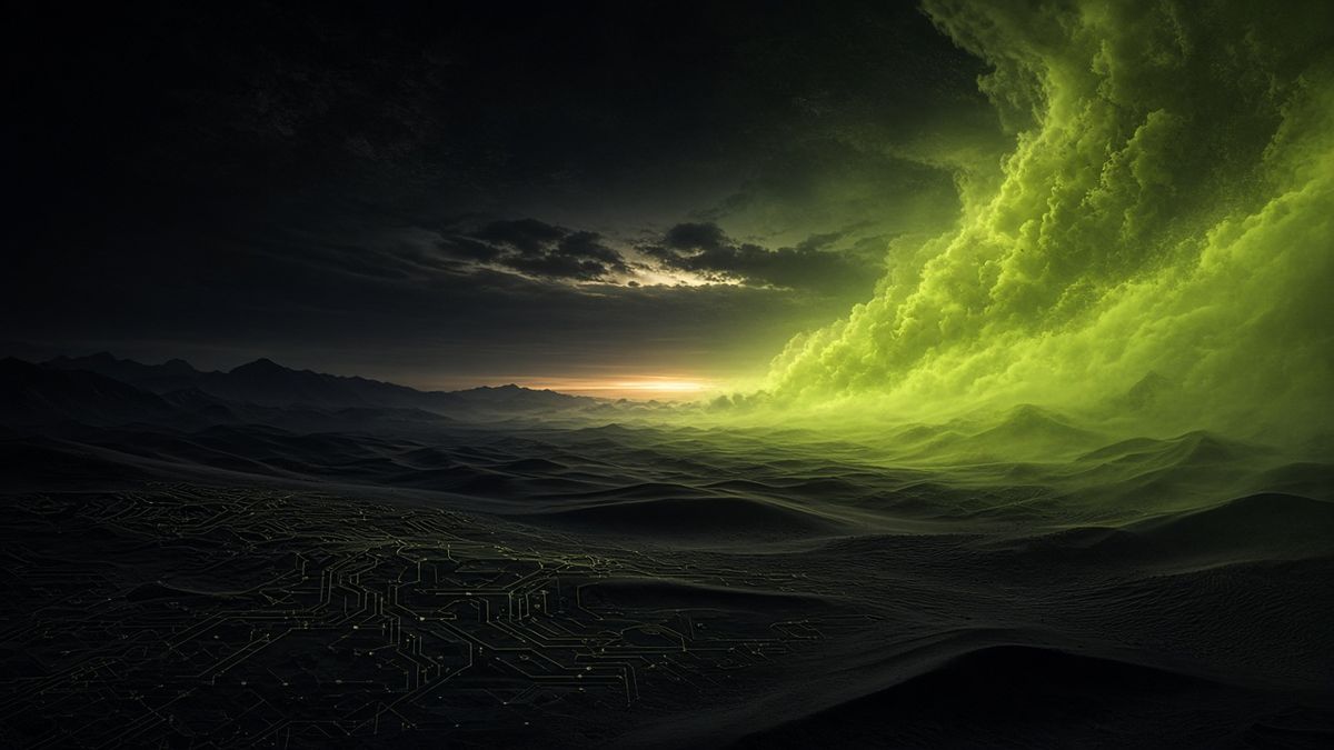 Dawn light rolling over a dark circuit landscape
