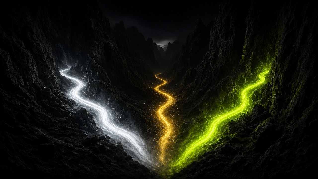 Three diverging paths of light in a dark canyon