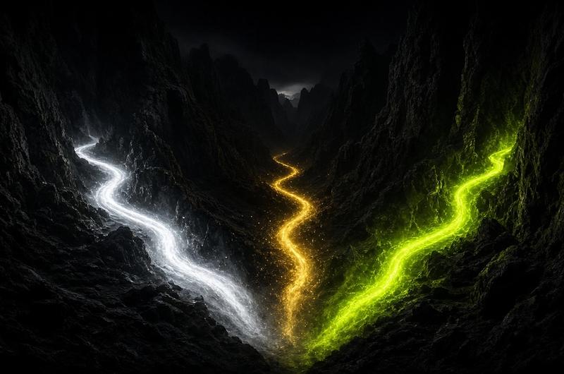 Three diverging paths of light in a dark canyon