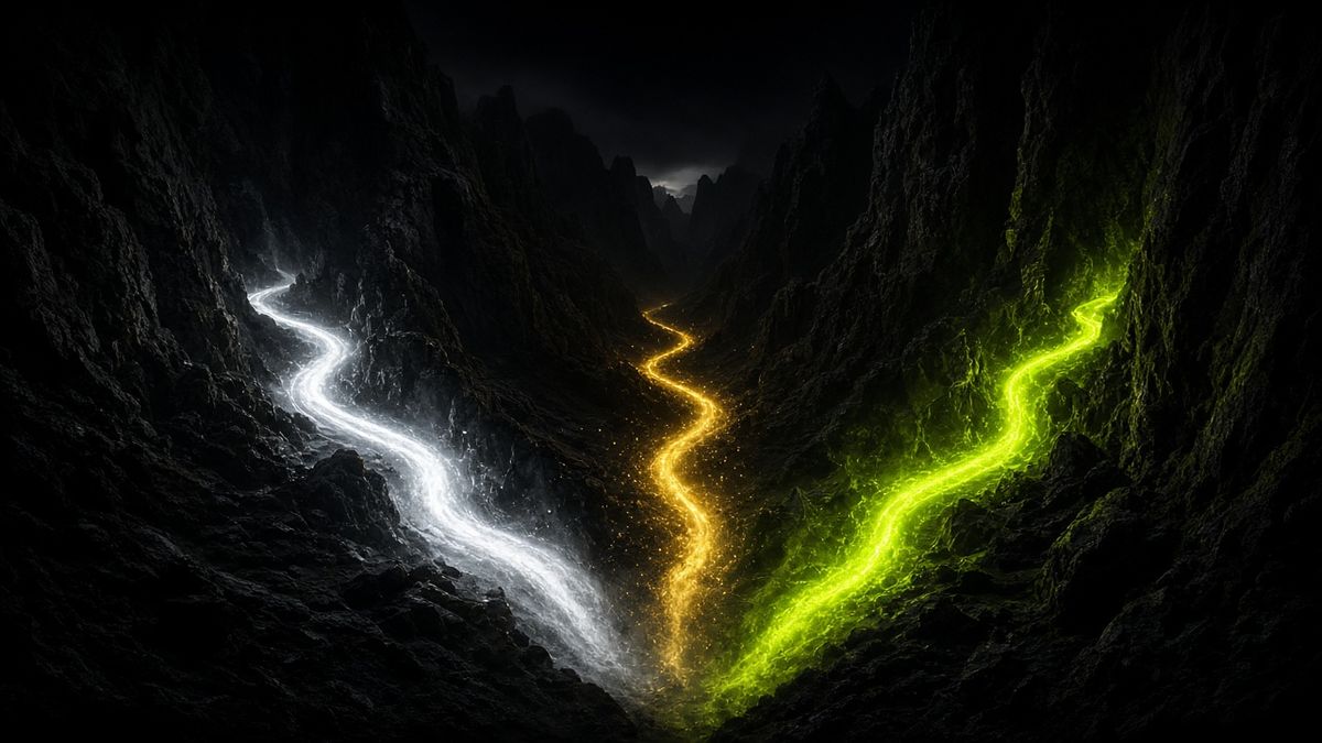 Three diverging paths of light in a dark canyon