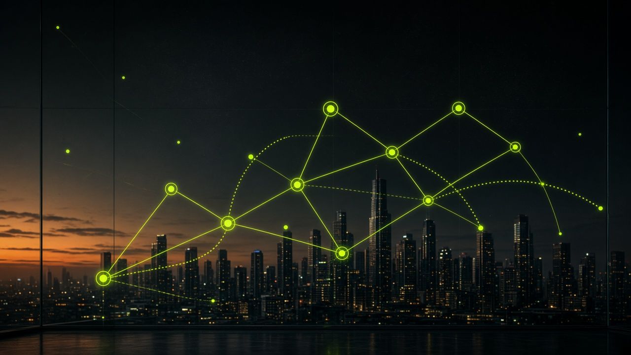 City skyline at dusk with lime decision paths over glass