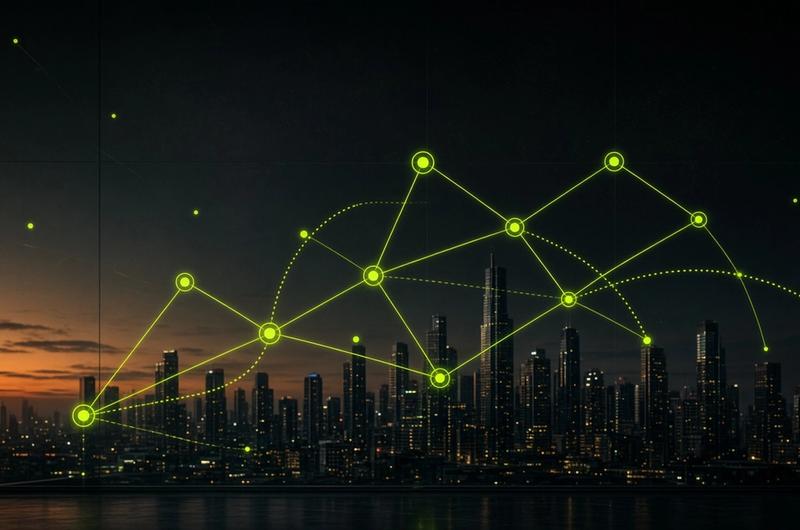 City skyline at dusk with lime decision paths over glass