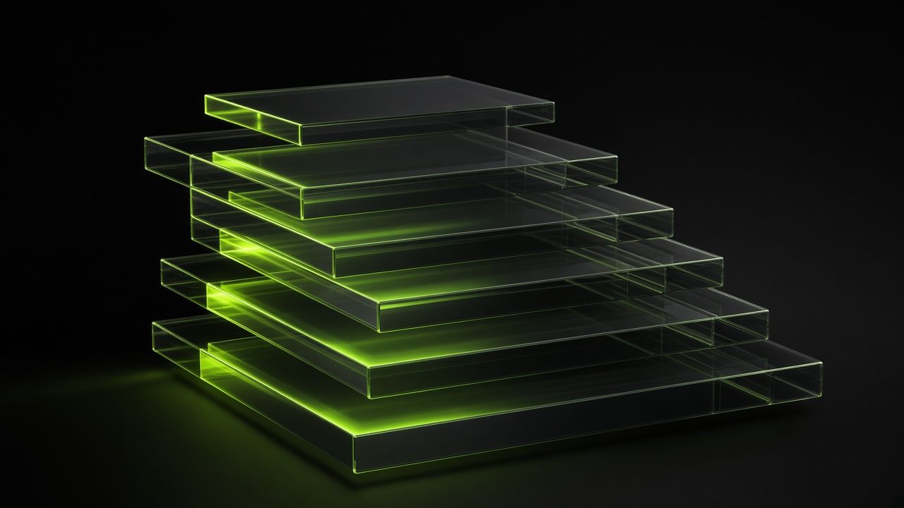 Stacked glass layers catching lime light like a software stack