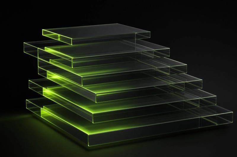 Stacked glass layers catching lime light like a software stack