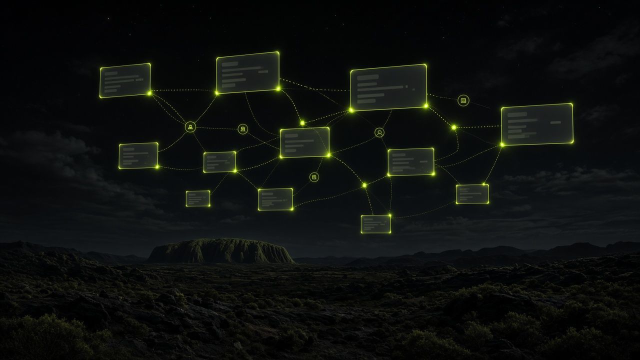 Glowing citation fragments floating over a dark night landscape