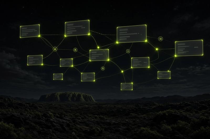 Glowing citation fragments floating over a dark night landscape