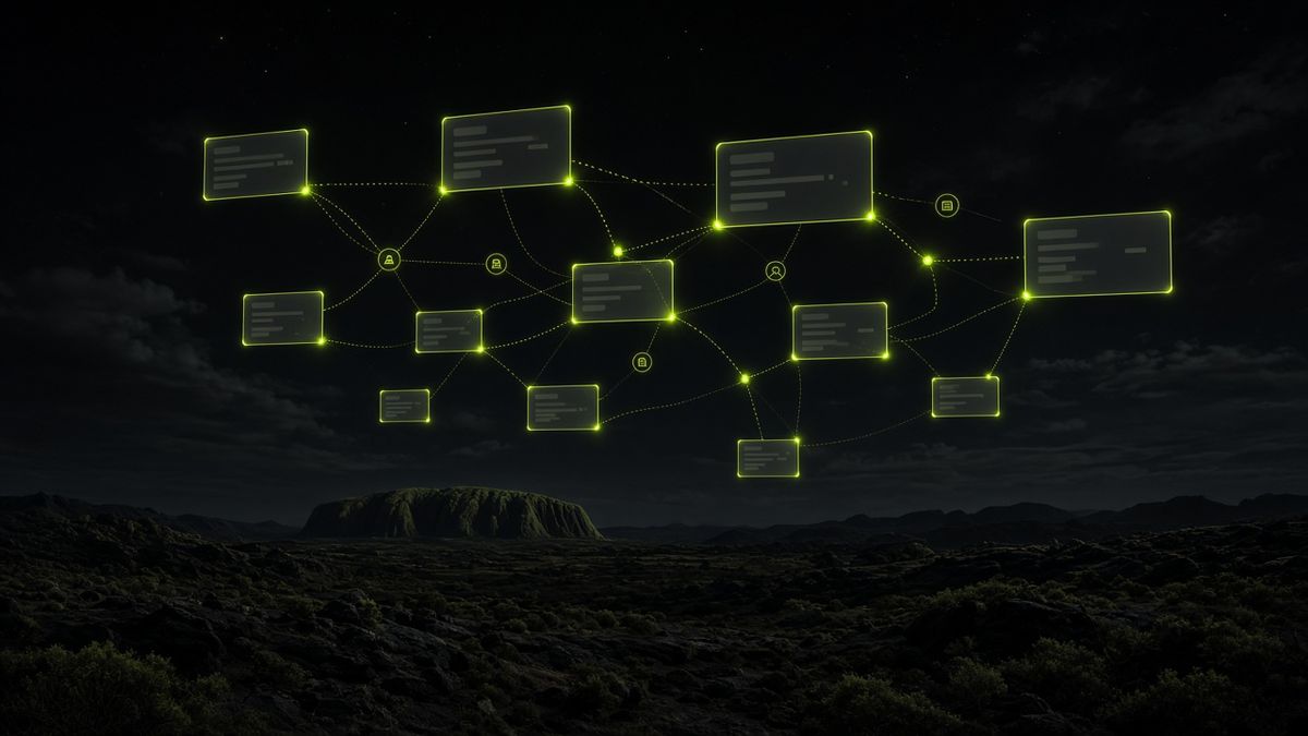 Glowing citation fragments floating over a dark night landscape