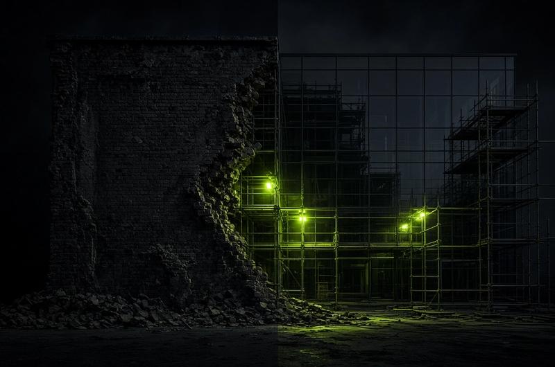 Building facade half crumbling brick, half new glass reconstruction