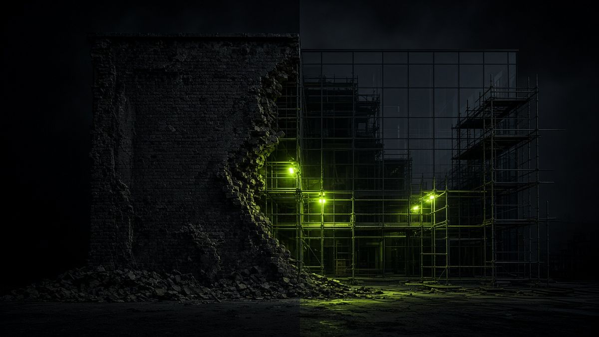 Building facade half crumbling brick, half new glass reconstruction