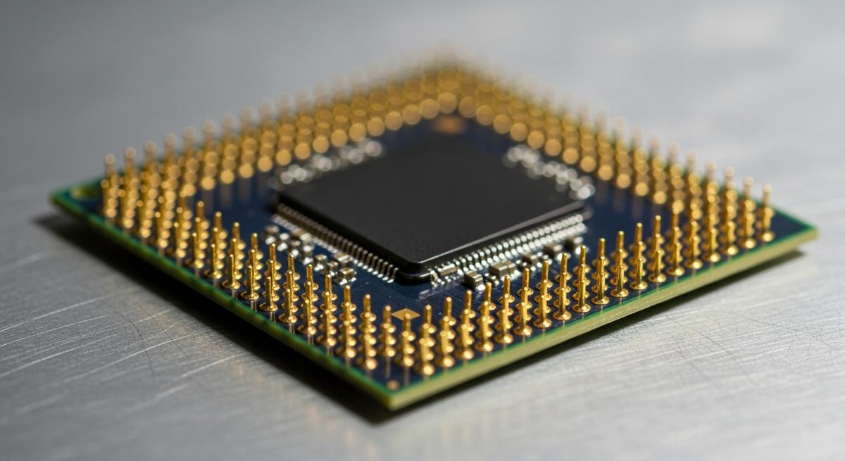 A close-up macro shot of a complex silicon GPU chip with gold pins and advanced packaging, resting on a metallic surface, highlighting the intricacy of semiconductor manufacturing.