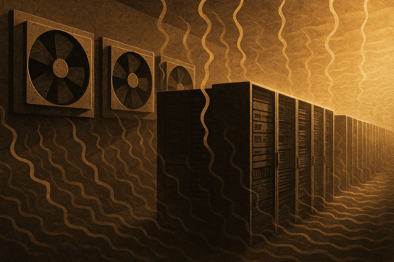 A massive industrial server farm where the heavy exhaust fans are motionless, thick heat distortion waves rippling violently across dark, heavy server racks, cinematic lighting emphasizing stagnation and intense thermal pressure in an otherwise sterile environment, no text or signage.