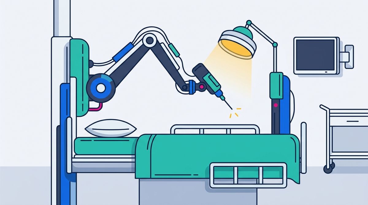 Flat brand illustration of a sleek medical robotic surgical arm operating over an outpatient clinic bed, styled with thin elegant navy outlines, solid teal brand fills, and a polished graphic layout.