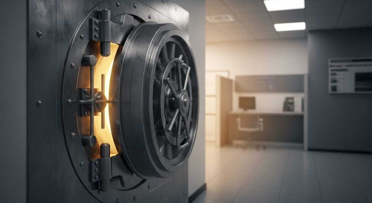 A cinematic, close-up shot of a heavy circular steel vault door in a modern bank, slightly ajar with golden light shining through the gap. The background is a clean, minimalist financial office. No text, words, or numbers.