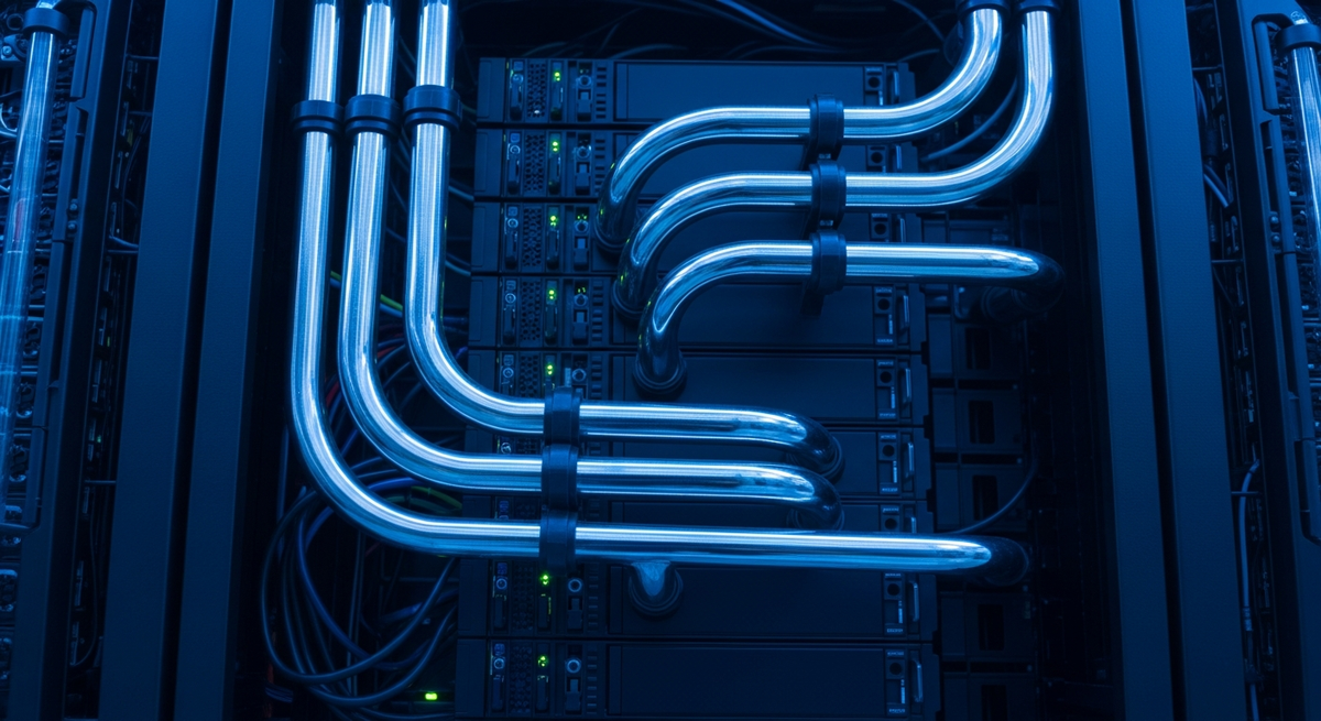 Macro shot of intricate liquid cooling pipes running through a specialized server rack, illuminated by stark blue LED lights in a modern data center environment