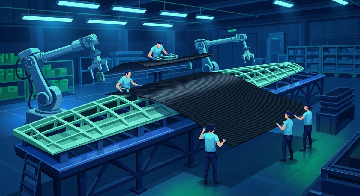 A modern aerospace manufacturing facility where technicians are layering large sheets of black carbon fiber onto an aircraft wing frame, high-tech factory floor with robotic precision and advanced lighting.