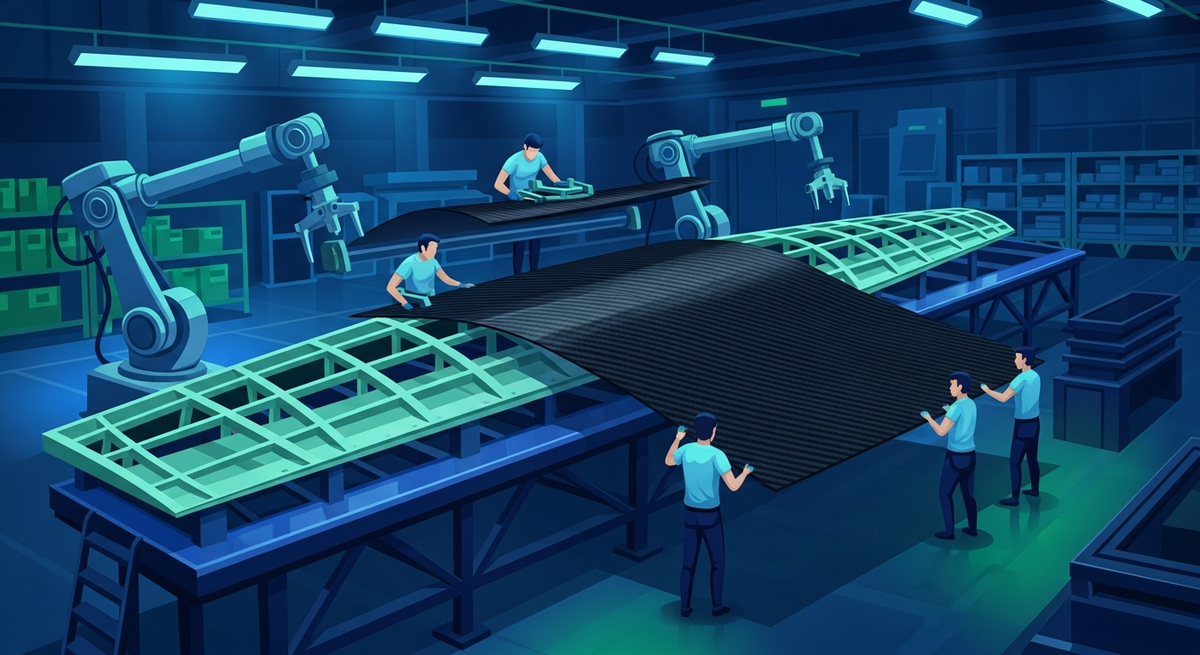 A modern aerospace manufacturing facility where technicians are layering large sheets of black carbon fiber onto an aircraft wing frame, high-tech factory floor with robotic precision and advanced lighting.