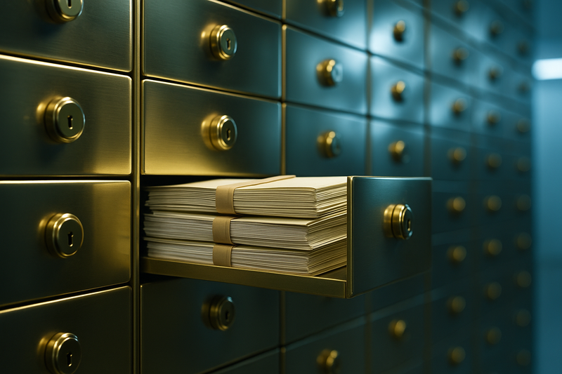 Close-up of polished brass safety deposit boxes reflecting cool blue and sterile white lights, one box pulled halfway out to reveal neatly bound stacks of commercial loan documents, soft focus on the background emphasizing precision and institutional security. No text or labels.