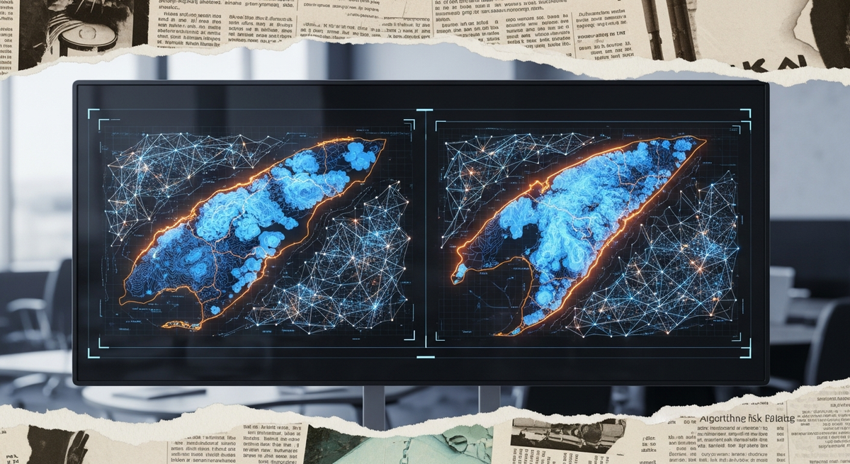 A conceptual, high-end visual of a digital command center for climate and catastrophe modeling. Glowing blue and orange topological maps of a coastline are projected onto a dark glass screen, overlaid with geometric grids representing algorithmic risk analysis, set inside a professional corporate environment.
