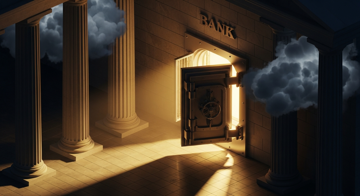 A conceptual view of a bank vault door slightly ajar, revealing golden light spilling out, contrasting with heavy shadows and storm clouds gathering outside the building's massive columns.