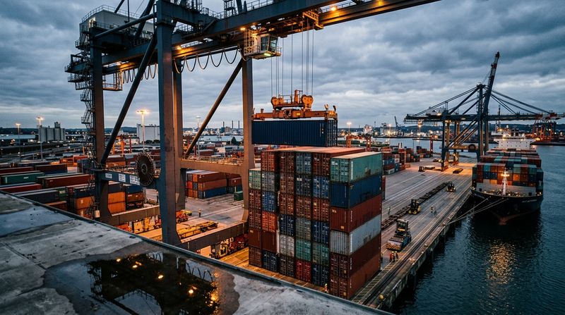 A towering stack of shipping containers being precisely lowered by a massive automated gantry crane at a busy seaport terminal, steel and concrete textures dominant.