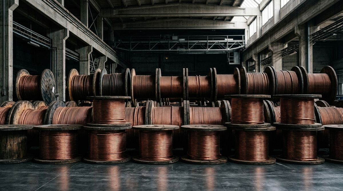 Close-up of massive wooden spools wrapped in heavy-gauge industrial copper wiring resting on a polished concrete factory floor, high-contrast architectural photography, industrial brutalism, deep shadows with prominent metallic copper and steel tones