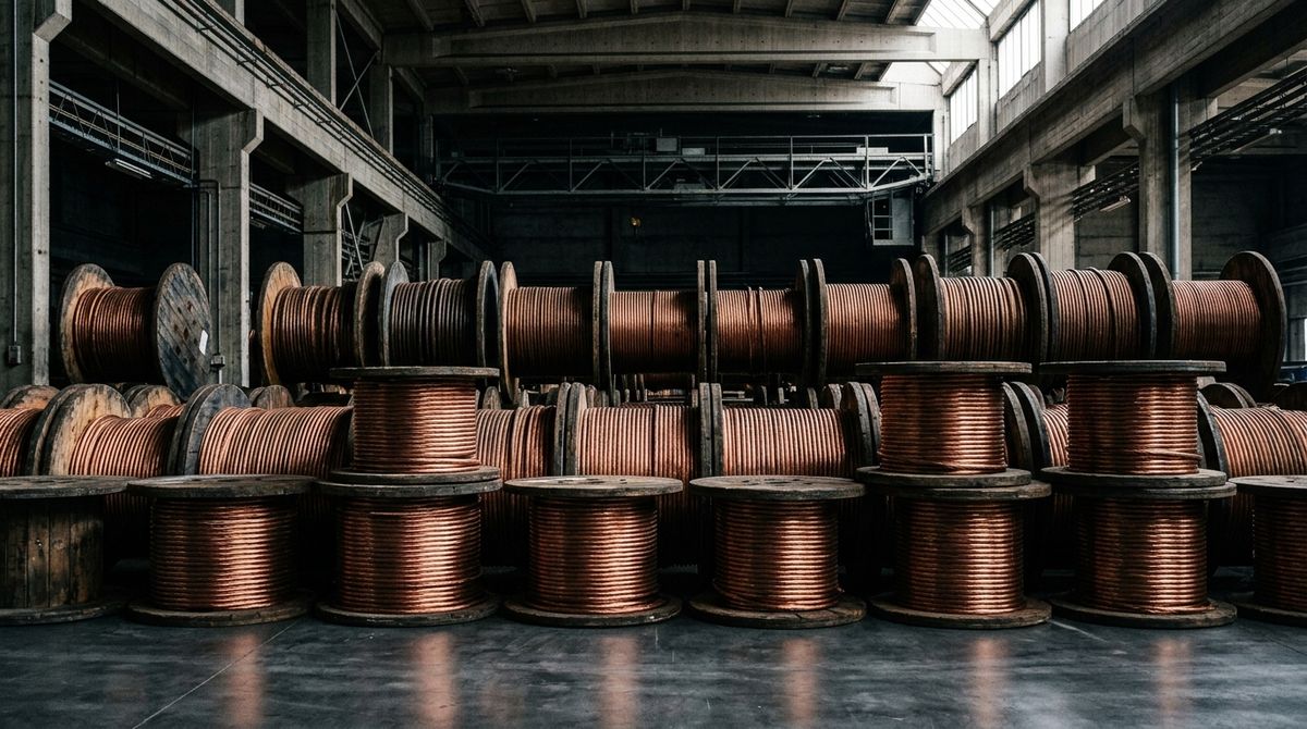 Close-up of massive wooden spools wrapped in heavy-gauge industrial copper wiring resting on a polished concrete factory floor, high-contrast architectural photography, industrial brutalism, deep shadows with prominent metallic copper and steel tones