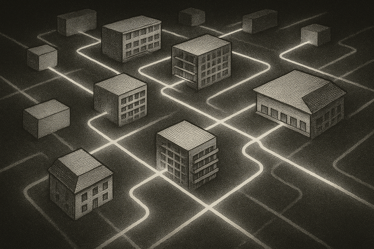 An abstract, geometric visualization of a hospitality software network. Floating, translucent glass blocks representing hotel rooms and resort properties are connected by sharp, glowing cyan light trails. The background is a dark, sleek gradient, emphasizing efficiency, data flow, and modern digital operations without using any literal computer screens or words.