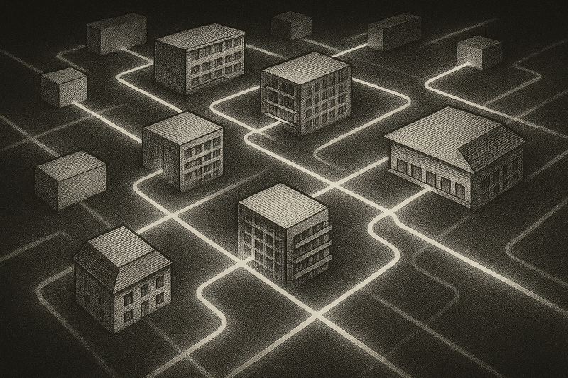 An abstract, geometric visualization of a hospitality software network. Floating, translucent glass blocks representing hotel rooms and resort properties are connected by sharp, glowing cyan light trails. The background is a dark, sleek gradient, emphasizing efficiency, data flow, and modern digital operations without using any literal computer screens or words.