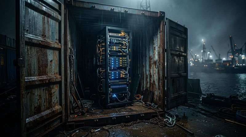 A sleek, glowing data server rack positioned awkwardly inside a rusted, corrugated steel maritime shipping container, surrounded by dense harbor fog.