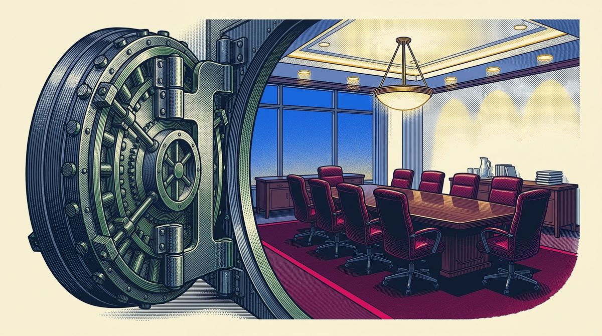 Currency-engraving style illustration of a massive iron vault door swinging open to reveal a pristine, empty corporate boardroom waiting to be occupied. High contrast stipple shading, architectural precision, formal monetary aesthetic, no text or lettering.