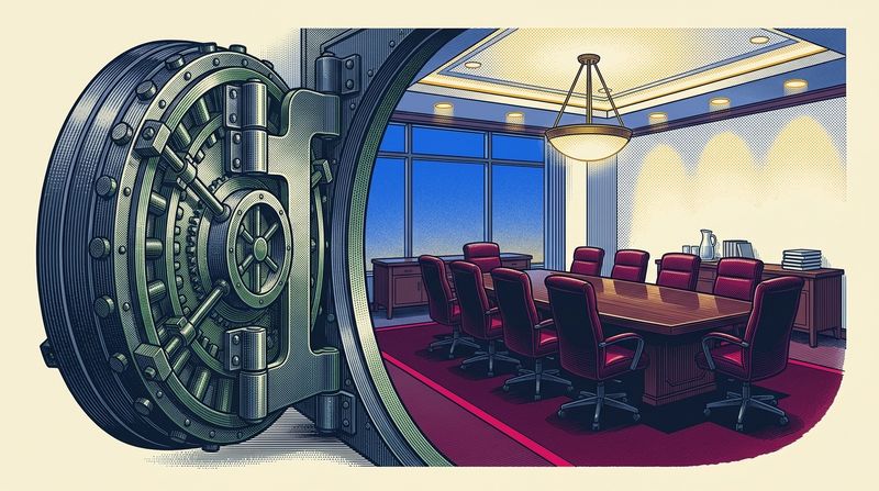 Currency-engraving style illustration of a massive iron vault door swinging open to reveal a pristine, empty corporate boardroom waiting to be occupied. High contrast stipple shading, architectural precision, formal monetary aesthetic, no text or lettering.
