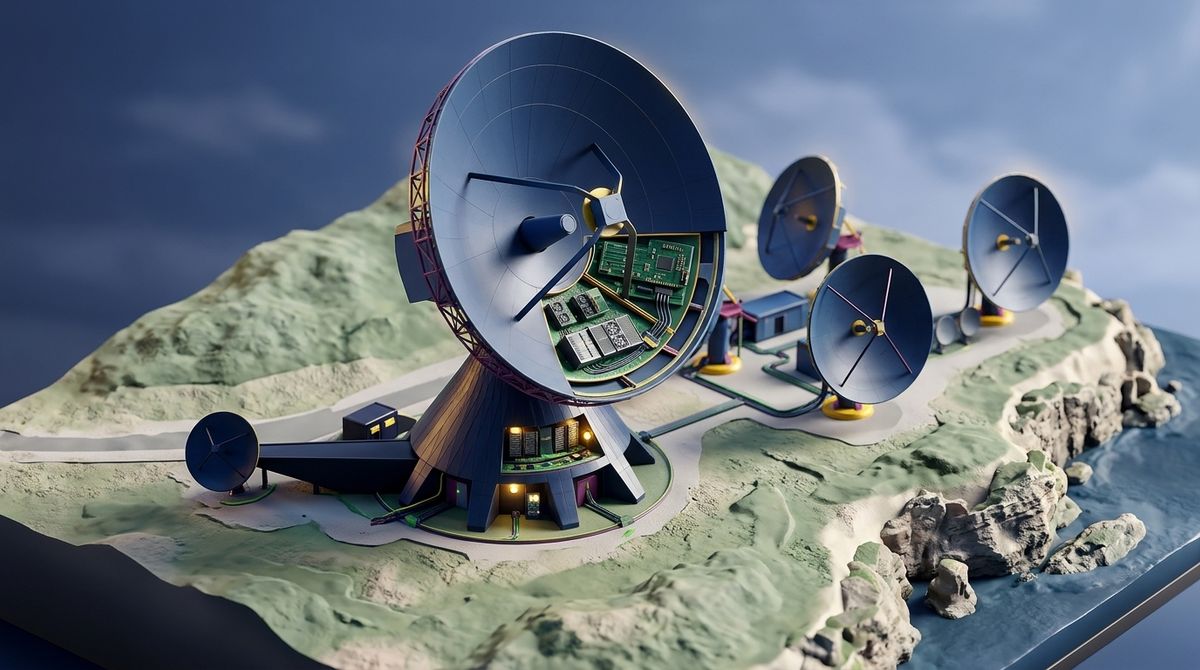 Isometric miniature of a terrestrial radar tracking station with interlocking geometric dish antennas pointing skyward, nestled in a rugged coastal landscape with server modules visible inside the facility. Rainer Lippert / Wikimedia Commons (Public domain)