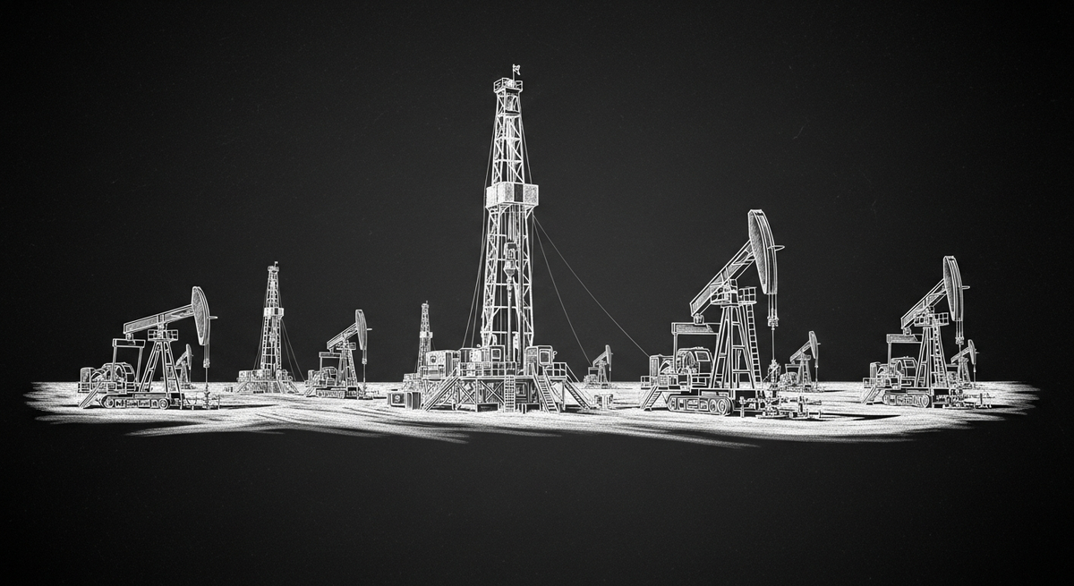 A sprawling domestic oil rig operation in the dusty Texas Permian Basin under a bright midday sky, showcasing active drilling equipment and heavy machinery.