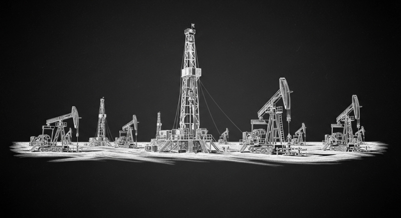 A sprawling domestic oil rig operation in the dusty Texas Permian Basin under a bright midday sky, showcasing active drilling equipment and heavy machinery.