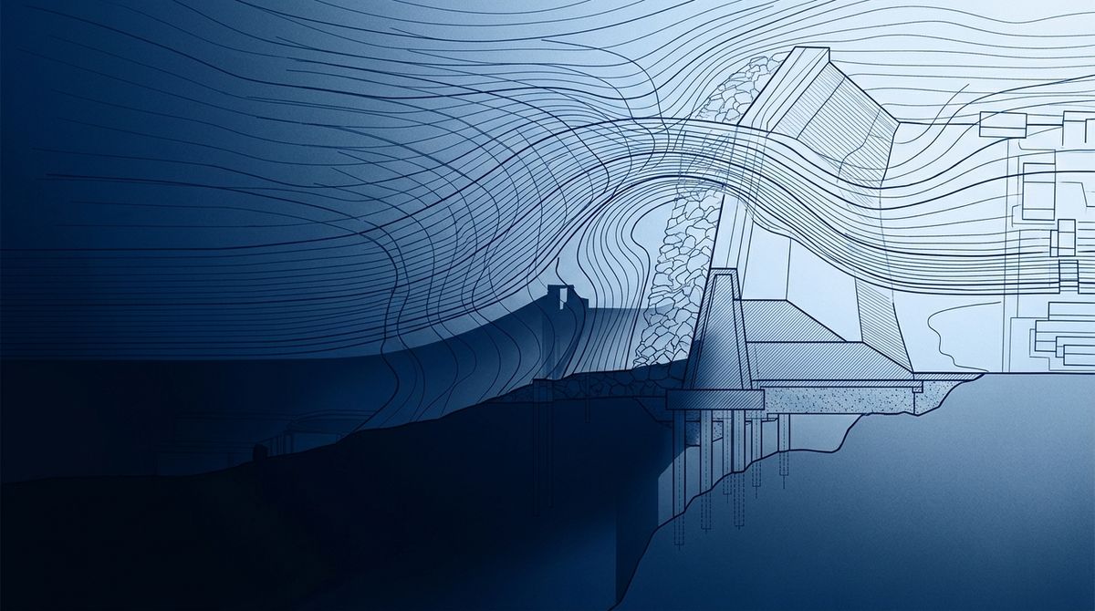 Blueprint schematic of layered topographical pressure systems intersecting with an industrial levy, illustrating structural defense against natural forces, no text.