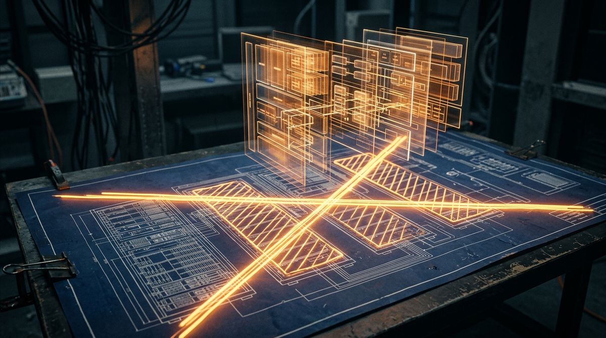 A close-up of a blueprint table where heavy physical server hardware schematics are being crossed out with bright amber light, replaced by layered, translucent vertical software modules hovering above the paper.