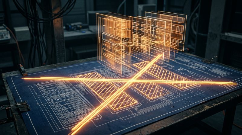 A close-up of a blueprint table where heavy physical server hardware schematics are being crossed out with bright amber light, replaced by layered, translucent vertical software modules hovering above the paper.