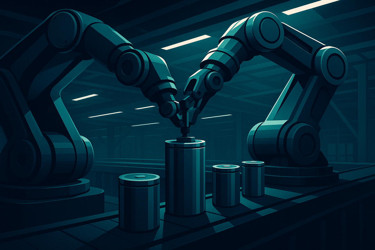 Massive automated robotic arms assembling cylindrical battery cells in a pristine, hyper-modern industrial plant. Dramatic overhead lighting casts deep shadows on the sleek, metallic surfaces of the assembly line, emphasizing industrial scale and automation without any human figures present.