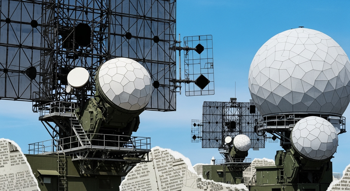 A close-up, hyper-realistic view of advanced radar domes and communication arrays at a military installation, emphasizing technology and surveillance.