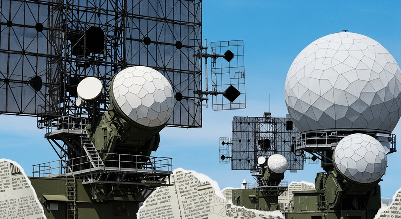A close-up, hyper-realistic view of advanced radar domes and communication arrays at a military installation, emphasizing technology and surveillance.